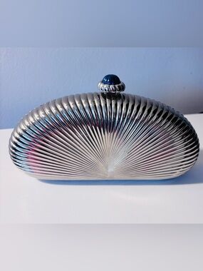 Judith Leiber Silver Shell-Effect Clutch with Blue Cabochon